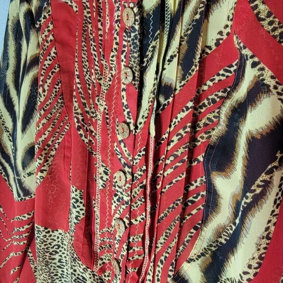 Carrie Allen Animal Print Button Up Blouse Women M Red Leopard LS Sheer Mob Wife - Picture 5 of 13